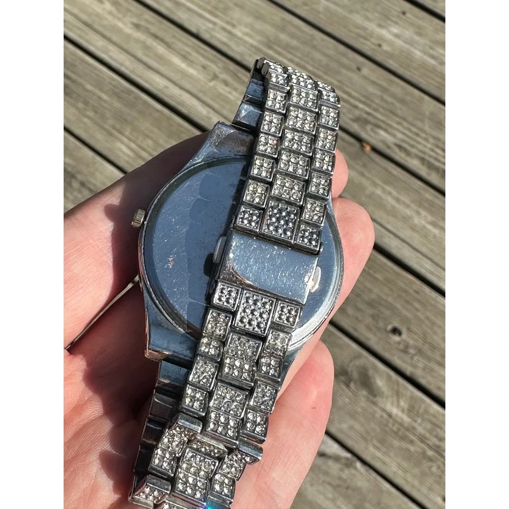 Iced Out Rhinestone Silver Tone Roman Numeral Date Window Fashion Link Watch